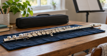 A silver-colored concert flute rests on a dark blue cloth beside a closed case in a practice room.