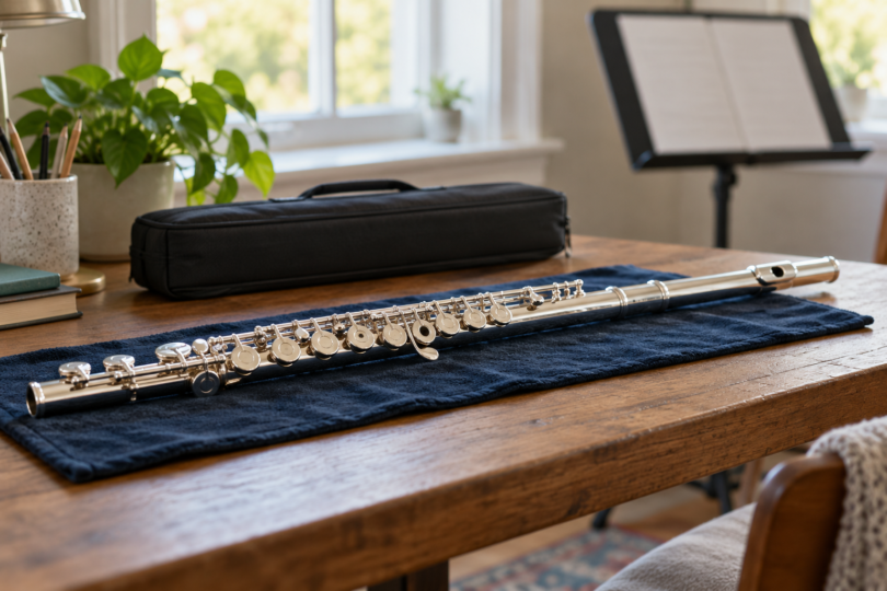 A silver-colored concert flute rests on a dark blue cloth beside a closed case in a practice room.