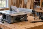 An unbranded idle table saw with a clear blade guard and visibly unplugged cord on a sturdy workbench beside a push stick, safety glasses and hearing protection.