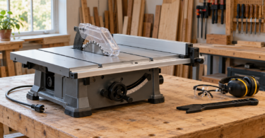 An unbranded idle table saw with a clear blade guard and visibly unplugged cord on a sturdy workbench beside a push stick, safety glasses and hearing protection.