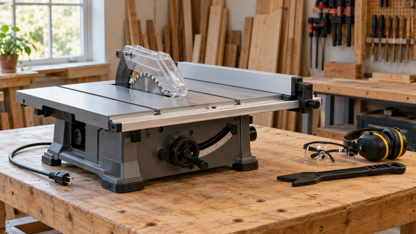 An unbranded idle table saw with a clear blade guard and visibly unplugged cord on a sturdy workbench beside a push stick, safety glasses and hearing protection.
