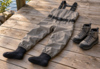 Gray stockingfoot chest waders with black suspenders and belt laid on a wooden deck beside a pair of separate lace-up boots
