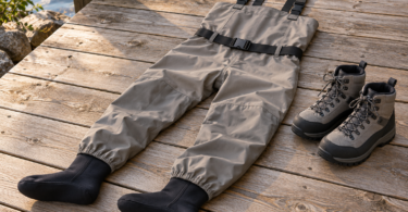 Gray stockingfoot chest waders with black suspenders and belt laid on a wooden deck beside a pair of separate lace-up boots
