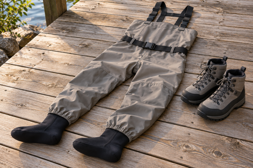 Gray stockingfoot chest waders with black suspenders and belt laid on a wooden deck beside a pair of separate lace-up boots