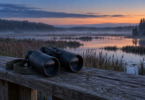 Black binoculars and a strap on a wooden railing overlooking a misty marsh at twilight.