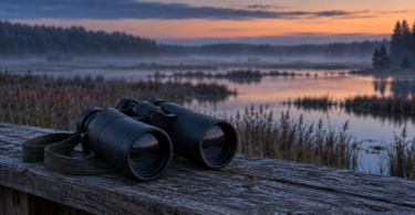 Black binoculars and a strap on a wooden railing overlooking a misty marsh at twilight.