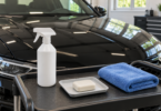 A plain white spray bottle, cream-colored clay bar on a tray and folded blue microfiber towel sit on a cart in front of a black car.
