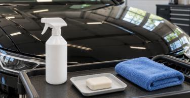 A plain white spray bottle, cream-colored clay bar on a tray and folded blue microfiber towel sit on a cart in front of a black car.