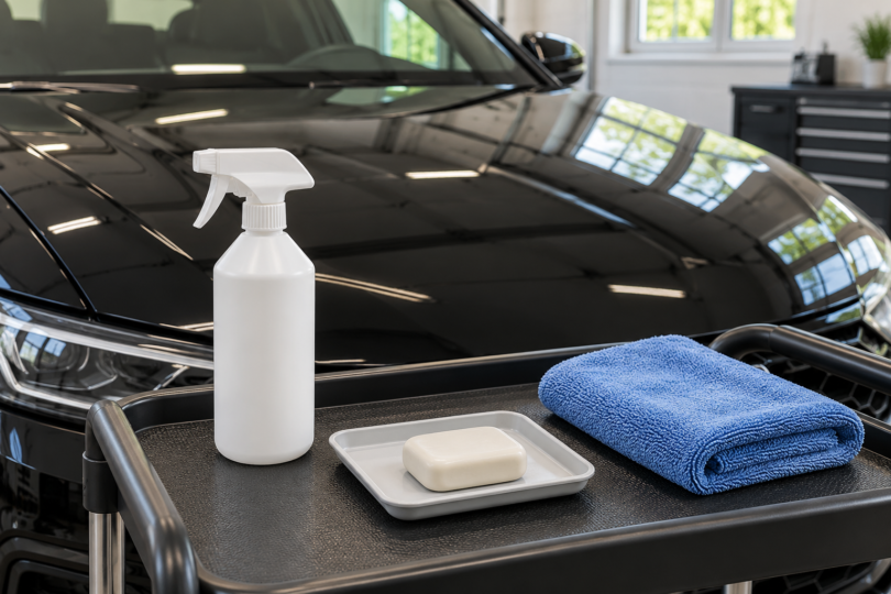 A plain white spray bottle, cream-colored clay bar on a tray and folded blue microfiber towel sit on a cart in front of a black car.