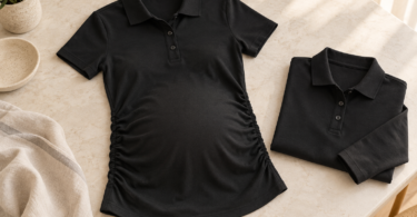 A black short-sleeve polo with side ruching beside a folded black long-sleeve polo on a pale tabletop.