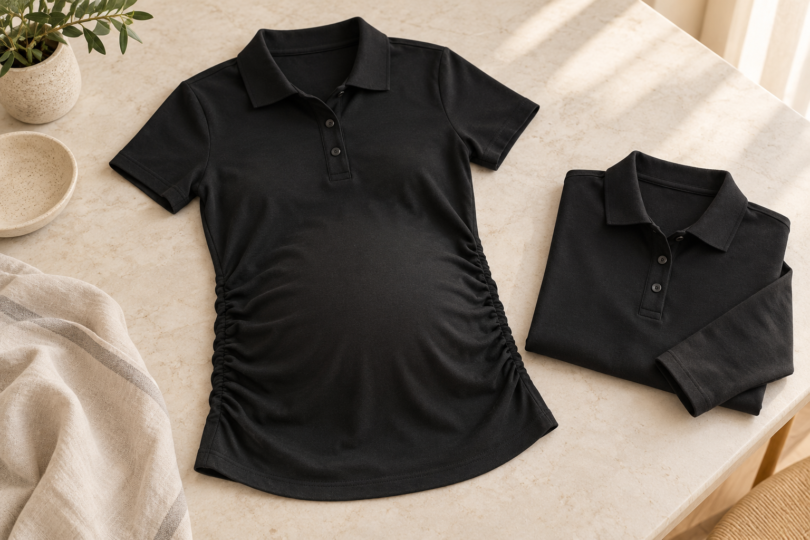 A black short-sleeve polo with side ruching beside a folded black long-sleeve polo on a pale tabletop.
