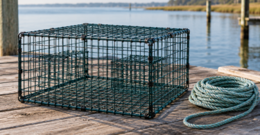 An empty unbranded wire crab trap sits on a wooden dock beside a coiled rope, with calm coastal water in the background.