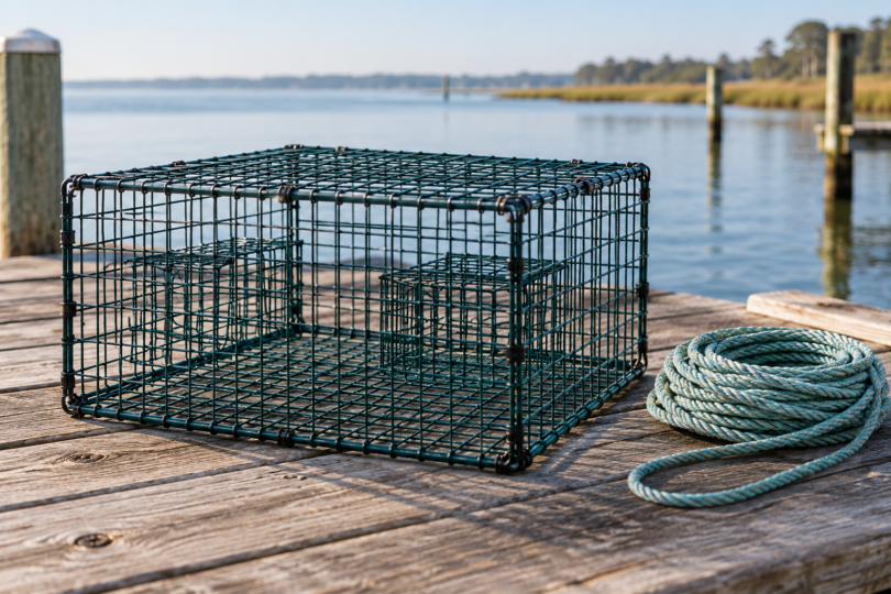 An empty unbranded wire crab trap sits on a wooden dock beside a coiled rope, with calm coastal water in the background.