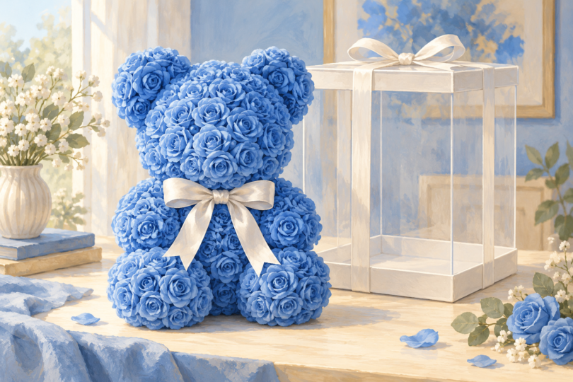 Illustration of a blue rose-shaped bear with a white bow beside an empty clear gift box.