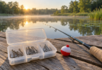 An open tackle box of single fishing hooks, a red-and-white bobber and a fishing rod rest on a wooden dock beside a quiet pond.