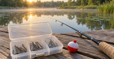 An open tackle box of single fishing hooks, a red-and-white bobber and a fishing rod rest on a wooden dock beside a quiet pond.