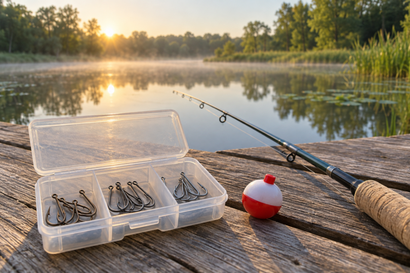 An open tackle box of single fishing hooks, a red-and-white bobber and a fishing rod rest on a wooden dock beside a quiet pond.