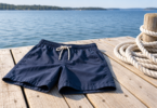 Navy drawstring shorts and a coiled white rope on a wooden dock beside blue water.
