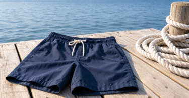 Navy drawstring shorts and a coiled white rope on a wooden dock beside blue water.