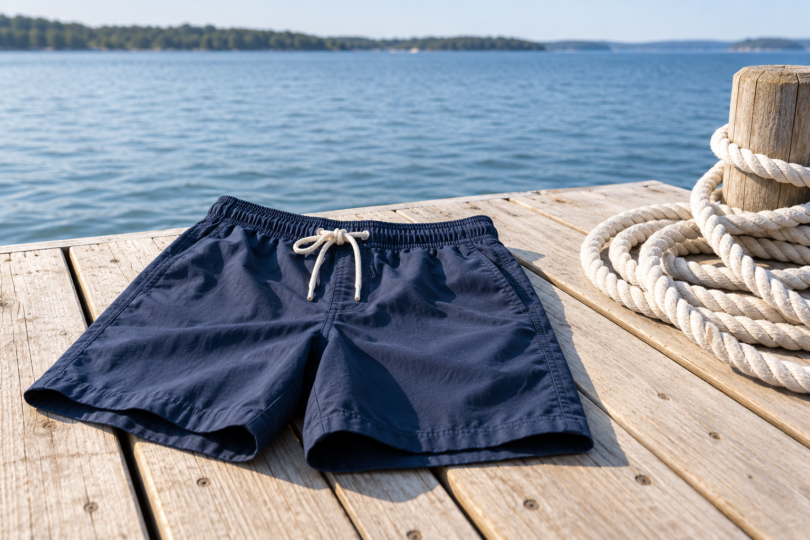 Navy drawstring shorts and a coiled white rope on a wooden dock beside blue water.