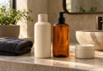 Unlabeled cream and amber bottles beside a folded charcoal towel and an open moisturizer jar on a sunlit stone bathroom vanity.