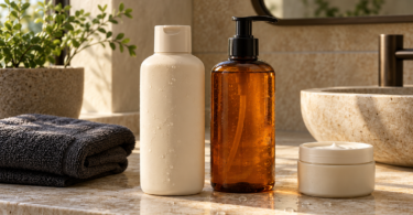 Unlabeled cream and amber bottles beside a folded charcoal towel and an open moisturizer jar on a sunlit stone bathroom vanity.