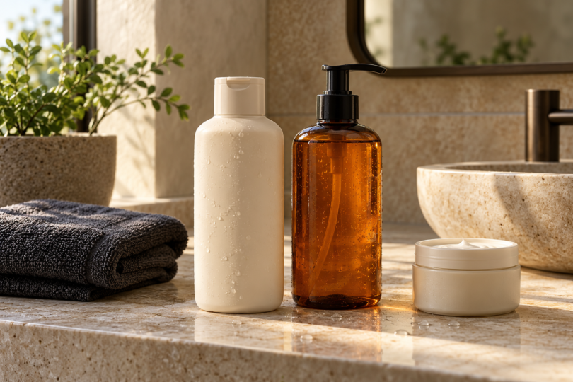 Unlabeled cream and amber bottles beside a folded charcoal towel and an open moisturizer jar on a sunlit stone bathroom vanity.