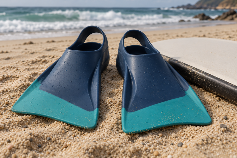 A pair of blue and teal rubber swim fins beside a bodyboard on beach sand.