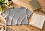 A plain gray cropped T-shirt and folded cream shirt beside a closed book and eyeglasses on a wooden table