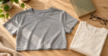 A plain gray cropped T-shirt and folded cream shirt beside a closed book and eyeglasses on a wooden table