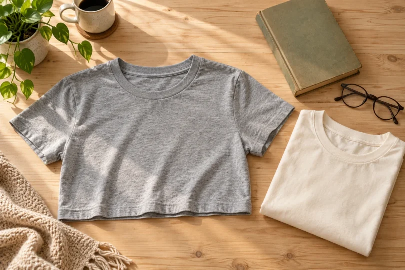 A plain gray cropped T-shirt and folded cream shirt beside a closed book and eyeglasses on a wooden table