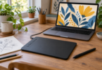 A generic black screenless drawing tablet and stylus connected to a laptop displaying blue and yellow botanical artwork
