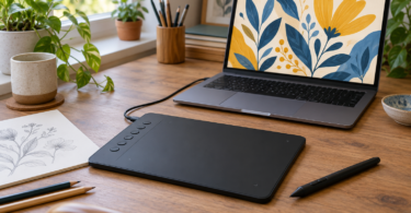 A generic black screenless drawing tablet and stylus connected to a laptop displaying blue and yellow botanical artwork