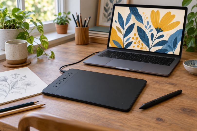 A generic black screenless drawing tablet and stylus connected to a laptop displaying blue and yellow botanical artwork