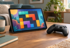 Generic tablet showing a colorful block puzzle beside a separate game controller