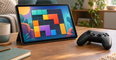 Generic tablet showing a colorful block puzzle beside a separate game controller