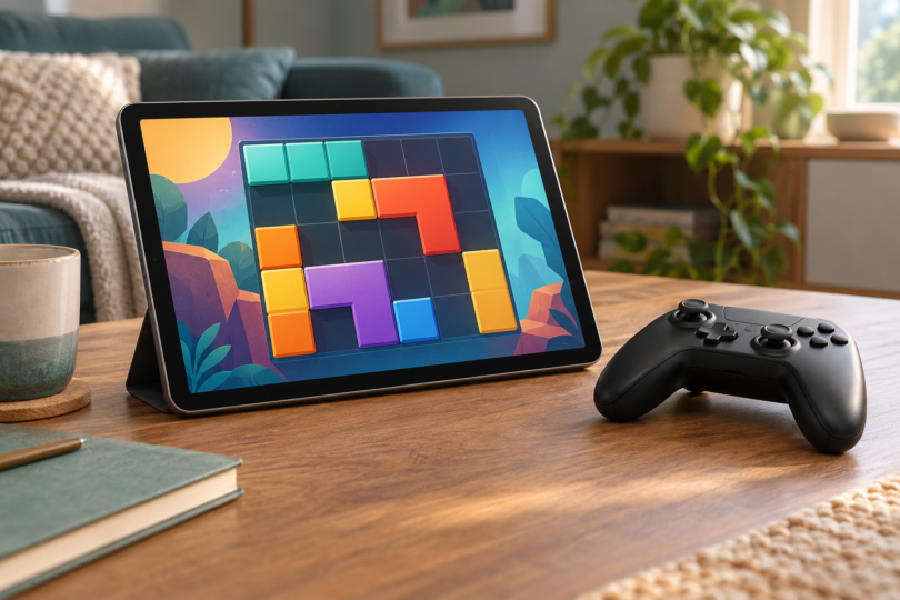 Generic tablet showing a colorful block puzzle beside a separate game controller