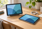 Two generic tablets with blue screens on a light wooden desk beside a charging cable and notebook.