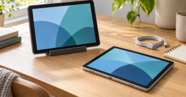Two generic tablets with blue screens on a light wooden desk beside a charging cable and notebook.