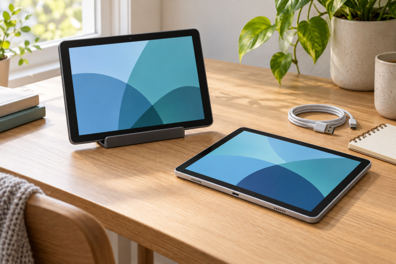 Two generic tablets with blue screens on a light wooden desk beside a charging cable and notebook.