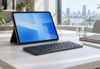 An unbranded tablet in a dark folio stand with a separate keyboard and stylus on an office desk.