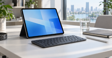 An unbranded tablet in a dark folio stand with a separate keyboard and stylus on an office desk.