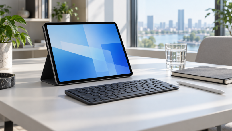 An unbranded tablet in a dark folio stand with a separate keyboard and stylus on an office desk.