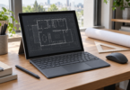A tablet computer with a detachable keyboard, mouse and stylus showing a floor-plan illustration.