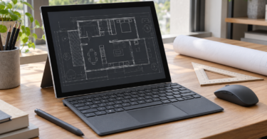 A tablet computer with a detachable keyboard, mouse and stylus showing a floor-plan illustration.