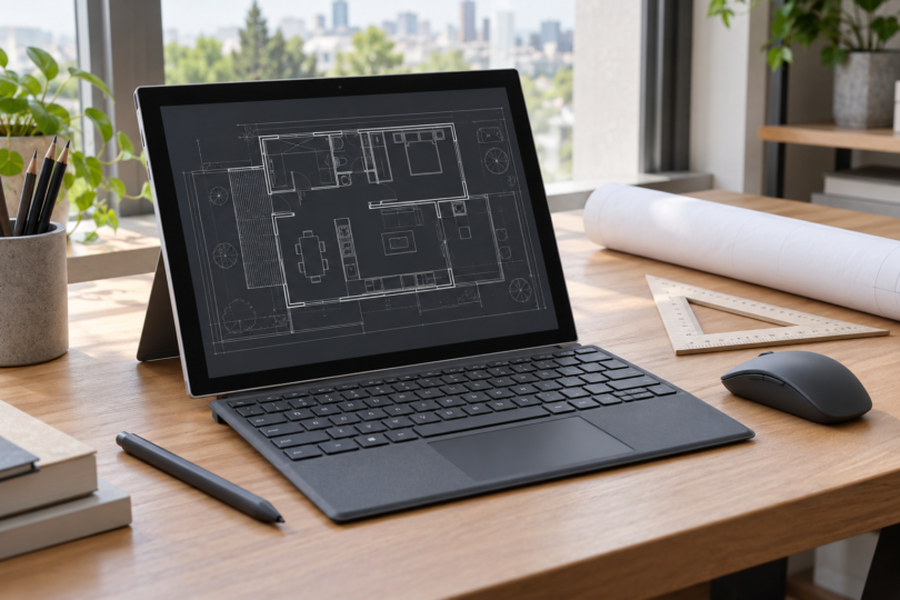 A tablet computer with a detachable keyboard, mouse and stylus showing a floor-plan illustration.