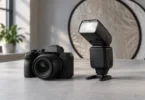 Generic unbranded camera and external flash on a tabletop with a reflector behind them