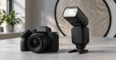 Generic unbranded camera and external flash on a tabletop with a reflector behind them
