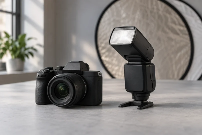 Generic unbranded camera and external flash on a tabletop with a reflector behind them