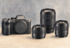 Illustration of a generic mirrorless-style camera body with a body cap and three separate unbranded lenses.